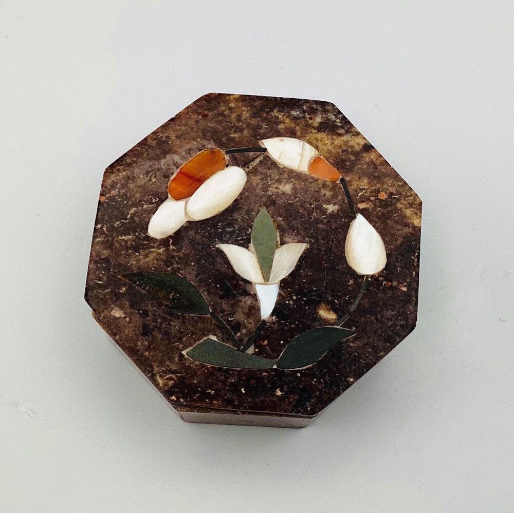 Trinket Box 3” Inlaid Sea Shells Soapstone Keepsake Jewelry Box